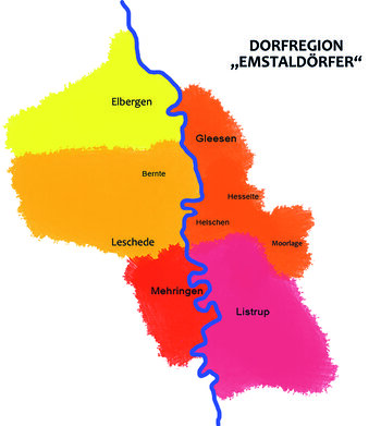 Karte Dorfregion Emstaldörfer, die Karte zeigt die teilnehmenden Dörfer entlang der Ems