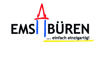 Das Bild zeigt das Logo der Gemeinde Emsbüren, den Schriftzug Emsbüren mit dem Kirchturm in der Mitte mit dem Slogan einfach einzigartig